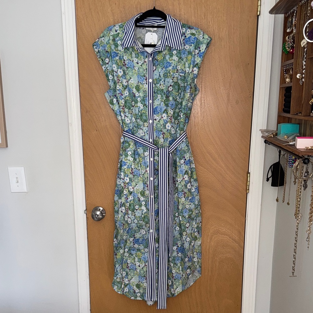 Floral Button-Down Dress with Striped Accents